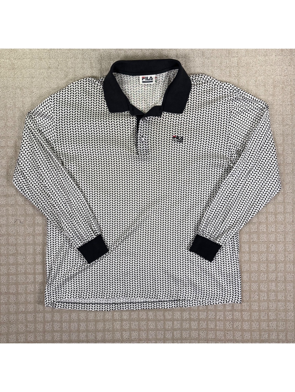 Fila Sport Black White Patterned Long Sleeve Polo Shirt L
